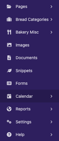 Wagtail admin sidebar menu, showing a 