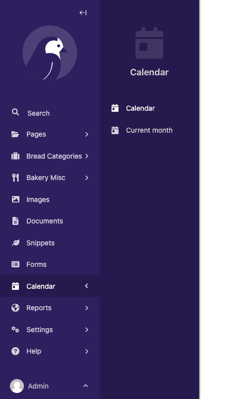 Wagtail admin sidebar menu, showing an expanded 