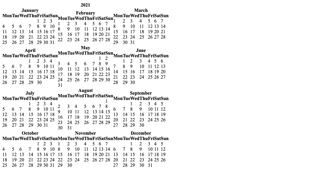 A calendar, presented in unstyled HTML